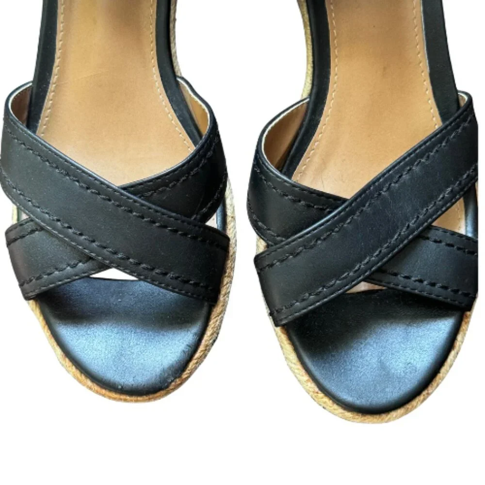 G.H. Bass & Co Black Espadrille Wedge Sandals Ankle Strap Buckle Size 8.5